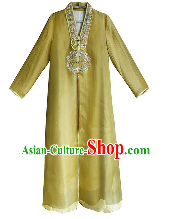 China National Embroidered Young Lady Cheongsam Classical Yellow Silk Qipao Dress Clothing China National Embroidered Young Lady Cheongsam Classical Yellow Silk Qipao Dress Clothing