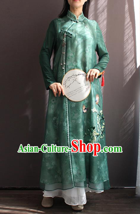 China National Women Zen Clothing Embroidered Green Chiffon Qipao Dress Classical Dance Cheongsam China National Women Zen Clothing Embroidered Green Chiffon Qipao Dress Classical Dance Cheongsam