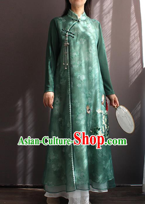 China National Women Zen Clothing Embroidered Green Chiffon Qipao Dress Classical Dance Cheongsam China National Women Zen Clothing Embroidered Green Chiffon Qipao Dress Classical Dance Cheongsam