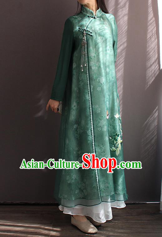 China National Women Zen Clothing Embroidered Green Chiffon Qipao Dress Classical Dance Cheongsam China National Women Zen Clothing Embroidered Green Chiffon Qipao Dress Classical Dance Cheongsam