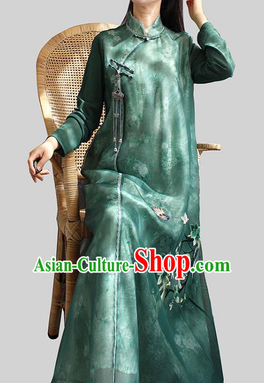 China National Women Zen Clothing Embroidered Green Chiffon Qipao Dress Classical Dance Cheongsam China National Women Zen Clothing Embroidered Green Chiffon Qipao Dress Classical Dance Cheongsam