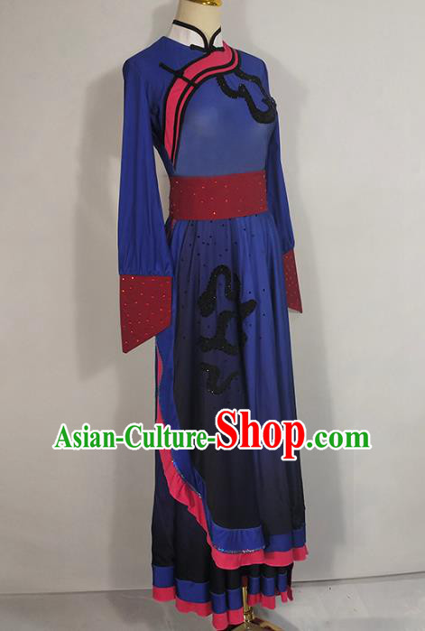 Chinese Mongol Ethnic Folk Dance Clothing Traditional Mongolian Nationality Deep Blue Dress Outfits Chinese Mongol Ethnic Folk Dance Clothing Traditional Mongolian Nationality Deep Blue Dress Outfits