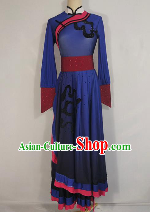 Chinese Mongol Ethnic Folk Dance Clothing Traditional Mongolian Nationality Deep Blue Dress Outfits Chinese Mongol Ethnic Folk Dance Clothing Traditional Mongolian Nationality Deep Blue Dress Outfits