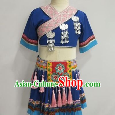 Chinese Miao Ethnic Folk Dance Clothing Traditional Hmong Nationality Children Blue Outfits