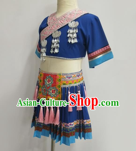 Chinese Miao Ethnic Folk Dance Clothing Traditional Hmong Nationality Children Blue Outfits Chinese Miao Ethnic Folk Dance Clothing Traditional Hmong Nationality Children Blue Outfits
