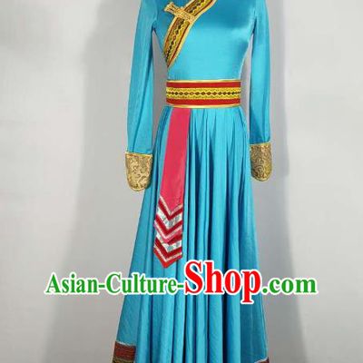 Chinese Traditional Mongol Nationality Dance Blue Dress Mongolian Ethnic Stage Performance Clothing