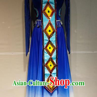 Chinese Traditional Ewenki Nationality Dance Royalblue Dress Ethnic Stage Performance Clothing