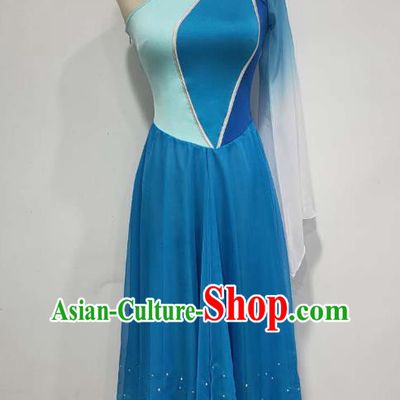China Yangko Dance Clothing Folk Dance Costume Fan Dance Blue Dress