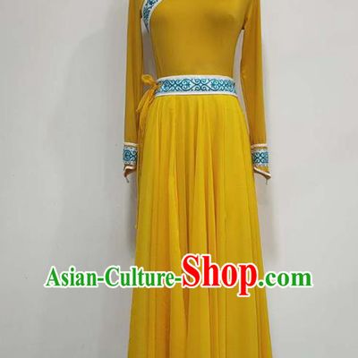 Chinese Mongolian Ethnic Folk Dance Clothing Traditional Mongol Nationality Stage Performance Yellow Long Dress