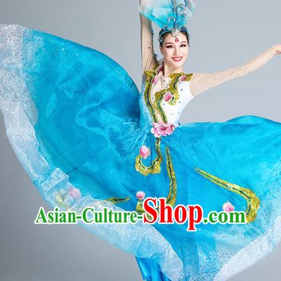 China Modern Dance Clothing Peony Dance Costume Opening Dance Stage Performance Blue Dress