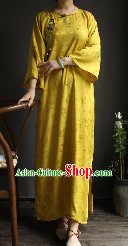 China National Women Clothing Classical Wide Sleeve Cheongsam Yellow Silk Qipao Dress China National Women Clothing Classical Wide Sleeve Cheongsam Yellow Silk Qipao Dress