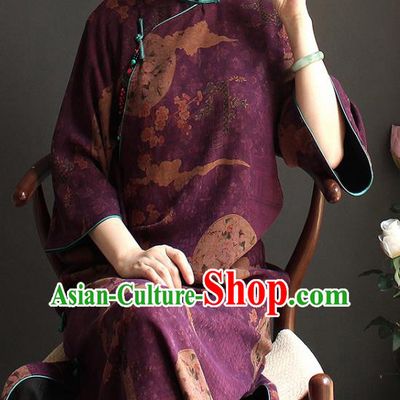 China Classical Cheongsam National Women Clothing Purple Silk Wide Sleeve Qipao Dress