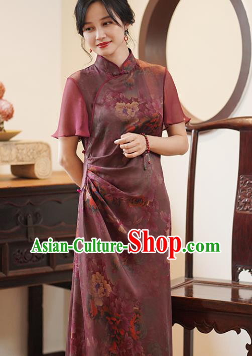 China National Costume Cheongsam Classical Peony Pattern Purple Silk Qipao Dress China National Costume Cheongsam Classical Peony Pattern Purple Silk Qipao Dress