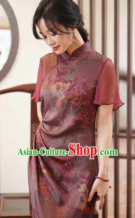 China National Costume Cheongsam Classical Peony Pattern Purple Silk Qipao Dress China National Costume Cheongsam Classical Peony Pattern Purple Silk Qipao Dress