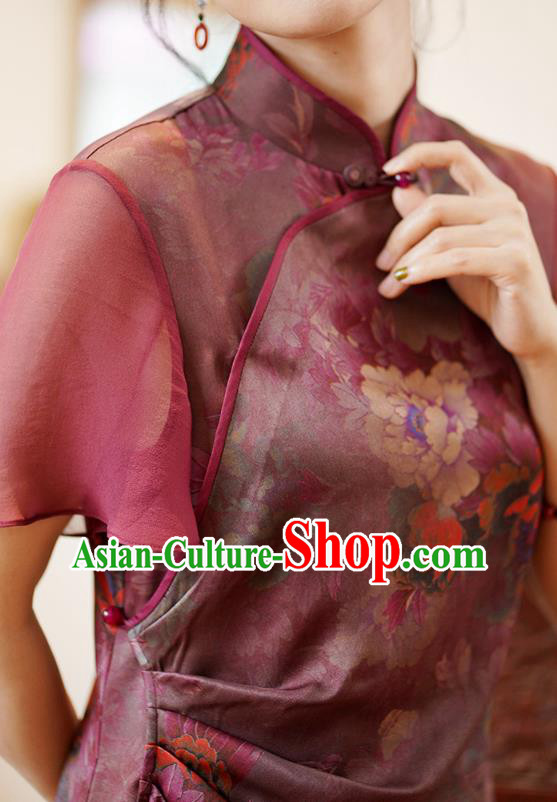 China National Costume Cheongsam Classical Peony Pattern Purple Silk Qipao Dress China National Costume Cheongsam Classical Peony Pattern Purple Silk Qipao Dress