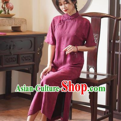 China National Cheongsam Classical Jacquard Wine Red Silk Qipao Dress