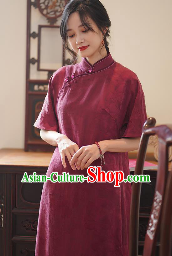 China National Cheongsam Classical Jacquard Wine Red Silk Qipao Dress