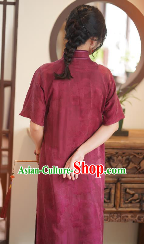 China National Cheongsam Classical Jacquard Wine Red Silk Qipao Dress