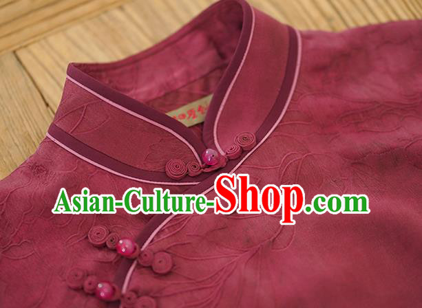 China National Cheongsam Classical Jacquard Wine Red Silk Qipao Dress