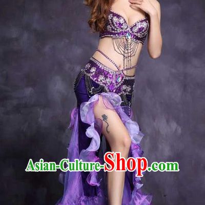 India Oriental Dance Clothing High Indian Belly Dance Stage Performance Diamante Purple Bra and Skirt Outfits
