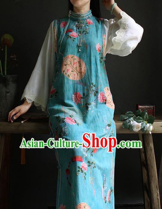 China Classical Printing Flowers Blue Cheongsam National Women Clothing White Lace Sleeve Qipao Dress China Classical Printing Flowers Blue Cheongsam National Women Clothing White Lace Sleeve Qipao Dress