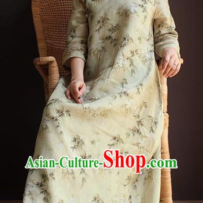 China Traditional Printing Beige Flax Qipao Dress National Women Clothing Classical Cheongsam