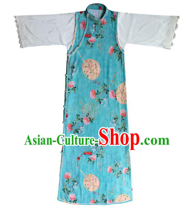 China Classical Printing Flowers Blue Cheongsam National Women Clothing White Lace Sleeve Qipao Dress China Classical Printing Flowers Blue Cheongsam National Women Clothing White Lace Sleeve Qipao Dress