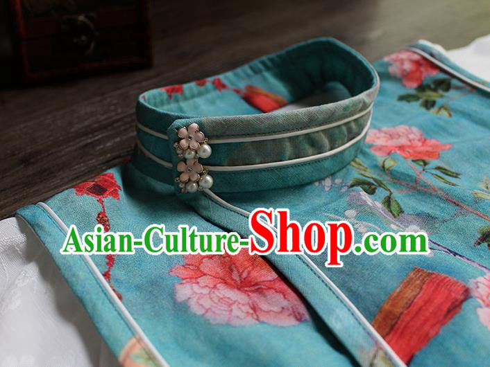 China Classical Printing Flowers Blue Cheongsam National Women Clothing White Lace Sleeve Qipao Dress China Classical Printing Flowers Blue Cheongsam National Women Clothing White Lace Sleeve Qipao Dress
