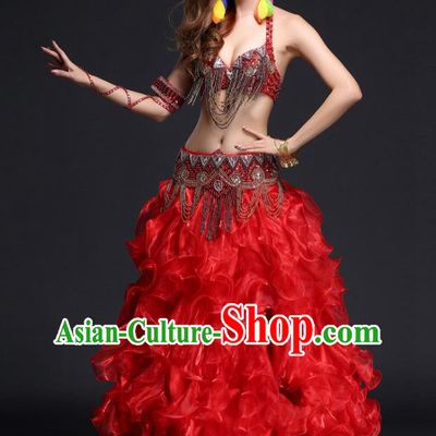 Indian Belly Dance Beads Tassel Bra and Red Skirt Outfits India Oriental Dance Performance Clothing