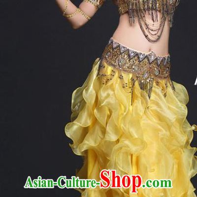 Asian India Oriental Dance Clothing Indian Belly Dance Competition Beads Tassel Bra and Yellow Skirt Outfits