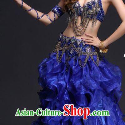 Asian India Dance Stage Performance Clothing Indian Traditional Belly Dance Beads Tassel Bra and Royalblue Skirt Outfits