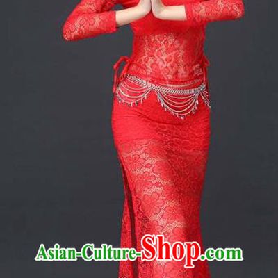 Indian Traditional Belly Dance Red Lace Uniforms Asian India Raks Sharki Blouse and Skirt Clothing