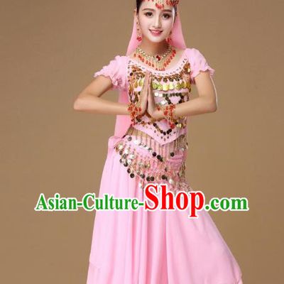 Asian India Court Dance Performance Blouse and Skirt Clothing Indian Belly Dance Pink Uniforms