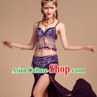 Indian Belly Dance Sequins Tassel Bra and Purple Skirt Uniforms Asian India Oriental Dance Competition Clothing