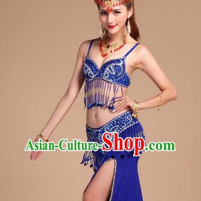 Asian India Oriental Dance Competition Clothing Indian Belly Dance Sequins Tassel Bra and Royalblue Skirt Uniforms