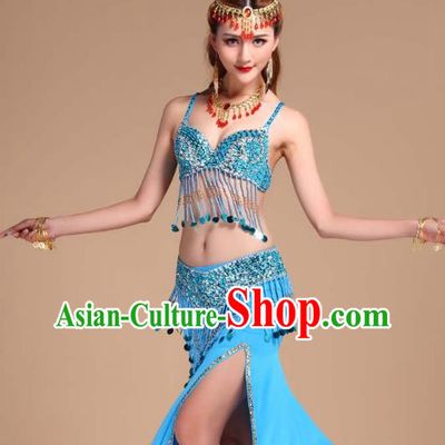 Indian Oriental Dance Belly Dance Sequins Tassel Bra and Blue Skirt Uniforms Asian India Raks Sharki Clothing