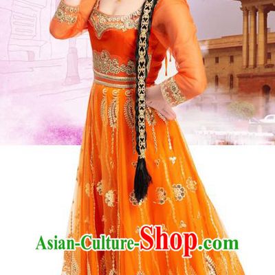 Asian India Stage Performance Embroidered Costumes Indian Bollywood Dance Orange Anarkali Dress