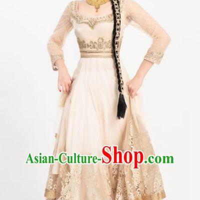 Indian Bollywood Performance Golden Anarkali Dress Asian India Court Princess Embroidered Costumes