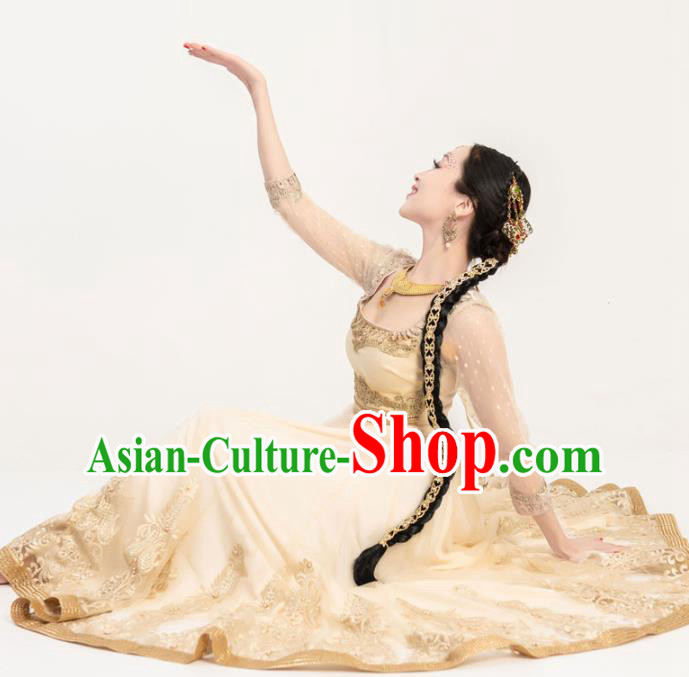 Indian Bollywood Performance Golden Anarkali Dress Asian India Court Princess Embroidered Costumes Indian Bollywood Performance Golden Anarkali Dress Asian India Court Princess Embroidered Costumes