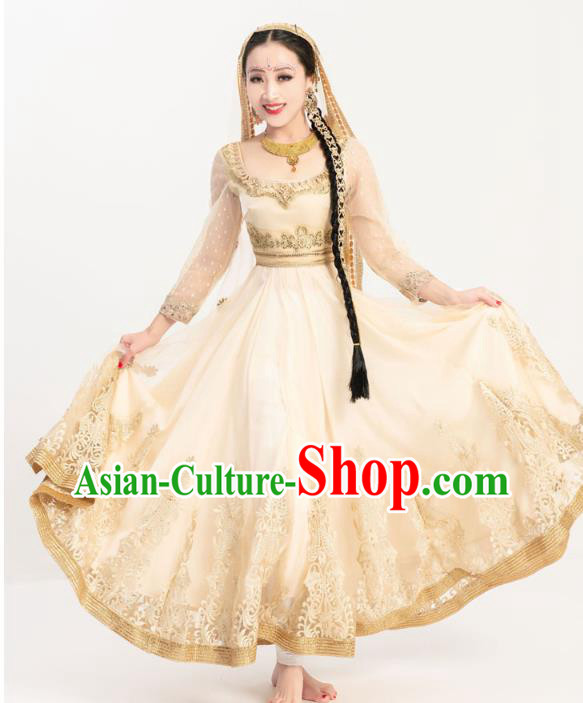 Indian Bollywood Performance Golden Anarkali Dress Asian India Court Princess Embroidered Costumes Indian Bollywood Performance Golden Anarkali Dress Asian India Court Princess Embroidered Costumes