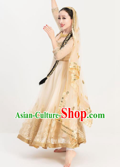 Indian Bollywood Performance Golden Anarkali Dress Asian India Court Princess Embroidered Costumes Indian Bollywood Performance Golden Anarkali Dress Asian India Court Princess Embroidered Costumes