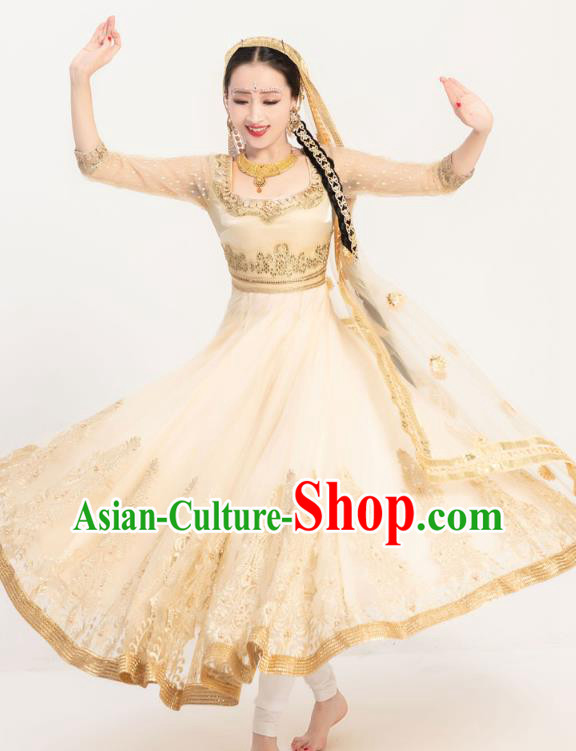 Indian Bollywood Performance Golden Anarkali Dress Asian India Court Princess Embroidered Costumes Indian Bollywood Performance Golden Anarkali Dress Asian India Court Princess Embroidered Costumes