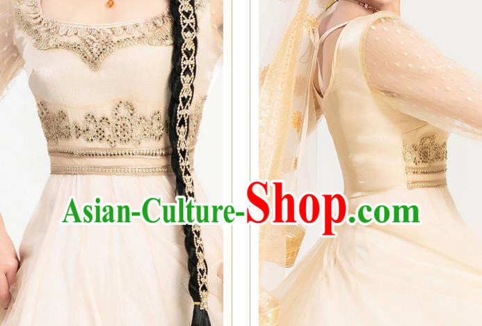 Indian Bollywood Performance Golden Anarkali Dress Asian India Court Princess Embroidered Costumes Indian Bollywood Performance Golden Anarkali Dress Asian India Court Princess Embroidered Costumes