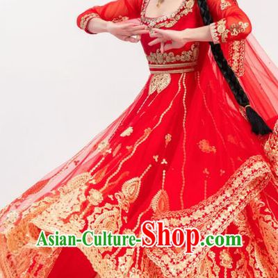 Asian India Court Wedding Embroidered Costumes Indian Bollywood Performance Red Anarkali Dress