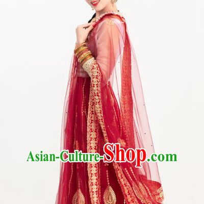 Indian Bollywood Performance Wine Red Anarkali Dress Asian India Folk Dance Embroidered Costumes