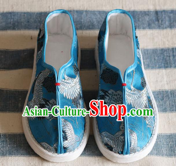 China Handmade Cloth Shoes National Woman Classical Cranes Pattern Blue Shoes China Handmade Cloth Shoes National Woman Classical Cranes Pattern Blue Shoes