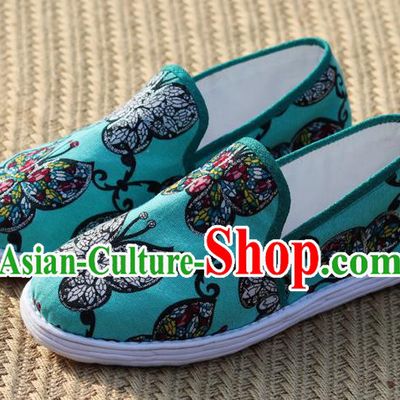 China Handmade Layered Cotton Sole Shoes National Woman Printing Butterfly Green Flax Shoes