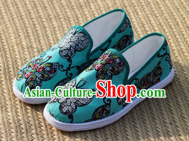 China Handmade Layered Cotton Sole Shoes National Woman Printing Butterfly Green Flax Shoes China Handmade Layered Cotton Sole Shoes National Woman Printing Butterfly Green Flax Shoes