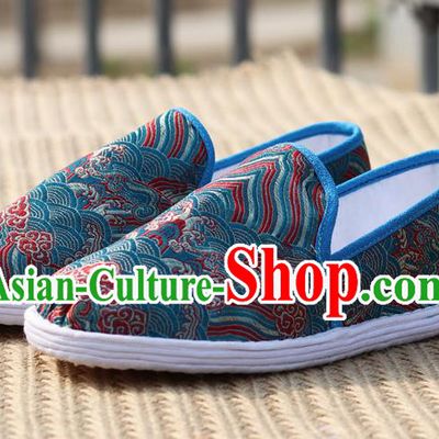 Chinese Handmade Shoes Traditional Martial Arts Shoes Classical Wave Pattern Blue Brocade Shoes