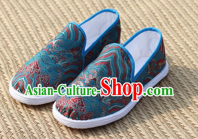 Chinese Handmade Shoes Traditional Martial Arts Shoes Classical Wave Pattern Blue Brocade Shoes Chinese Handmade Shoes Traditional Martial Arts Shoes Classical Wave Pattern Blue Brocade Shoes